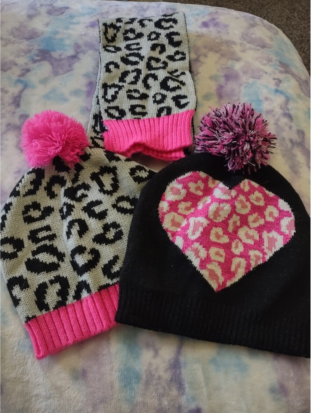 Girls Pink Cheetah 2 Beanies And Scarf